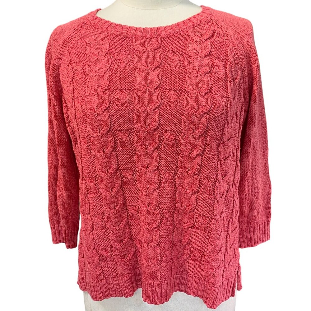Talbots Petite Linen Cotton Cable Knit Sweater Coral Pink Preppy Fisherman-LP